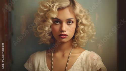 Photorealistic Teen Indian Woman with Blond Curly Hair retro Illustration. Portrait of a person in vintage 1920s aesthetics. Historic movie style Ai Generated Horizontal Illustration.