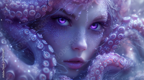 Gorgeous purple humanized octopus girl, fantasy character photo