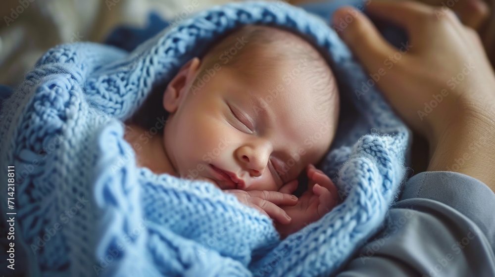 Newborn Baby Wrapped in a Handmade Blue Knit Blanket Newborn Baby Wrapped in a Handmade Blue Knit Blanket