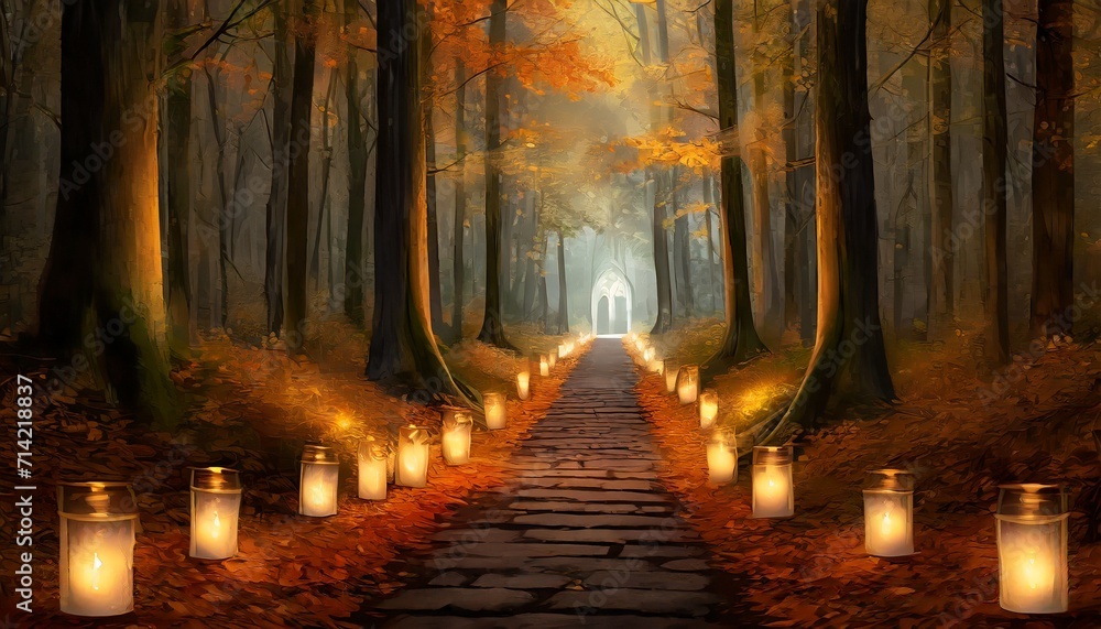path through the park lined with burning candles romantic walk through the park 