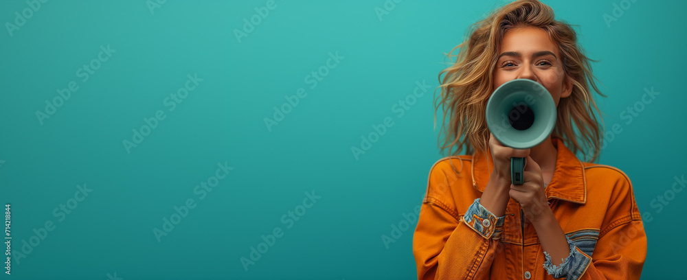 A woman in an orange shirt on a blue background shouts joyfully into a megaphone. Place for text