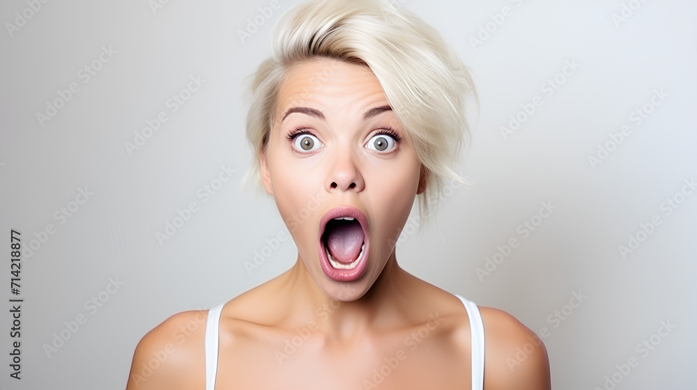 Surprised and Shocked Blonde Woman with Wide Open Eyes and Mouth Isolated on White Background Surprised and Shocked Blonde Woman with Wide Open Eyes and Mouth Isolated on White Background