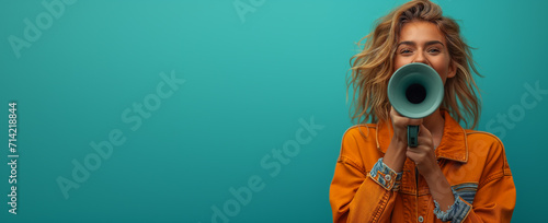 A woman in an orange shirt on a blue background shouts joyfully into a megaphone. Place for text