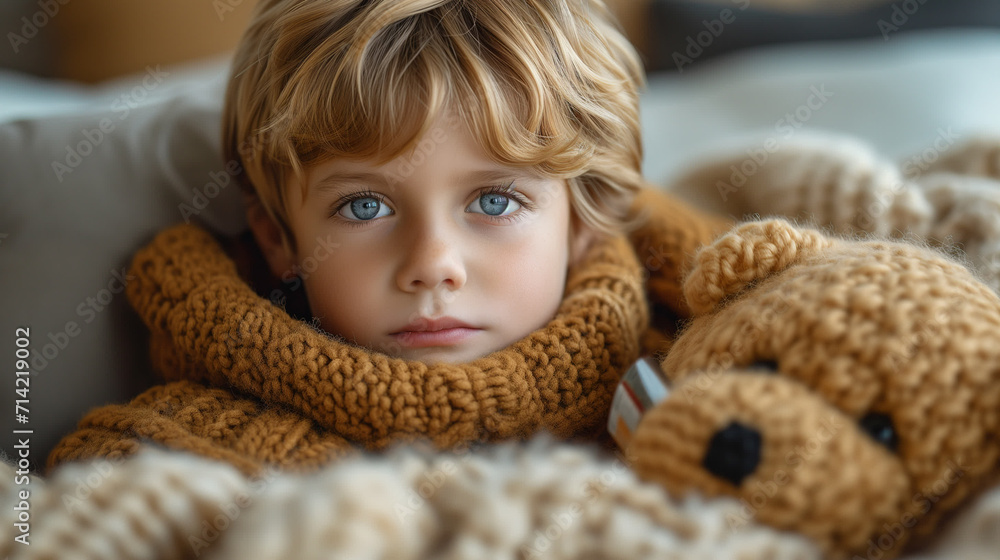 A sick boy with a thermometer lying in bed.A sick child with fever and sickness in bed. A sick boy with a thermometer lying in bed.A sick child with fever and sickness in bed.