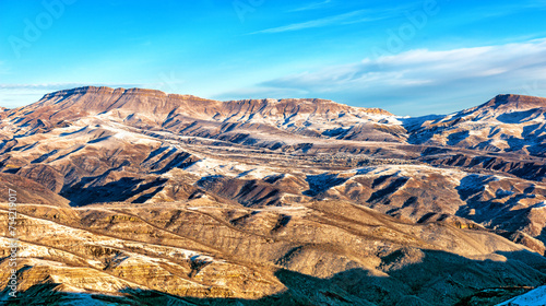 Winter day landscape of the Caucasus Mountains in Dagestan.