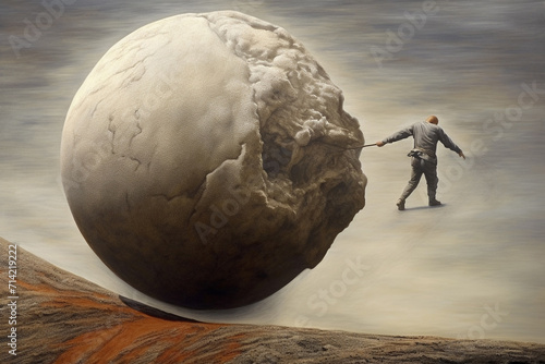 Business, states of mind, metaphors concept. Work of Sisyphus theme of man rolling round rock or stone to hill. Surreal abstract and minimalist colorful illustration with copy space photo