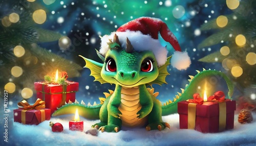 green little dragon with santa hat with christmas  © Frantisek