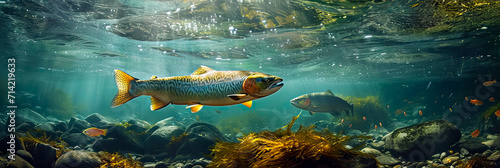 Salmon swims in the waters of a clear river with stones and aquatic plants.