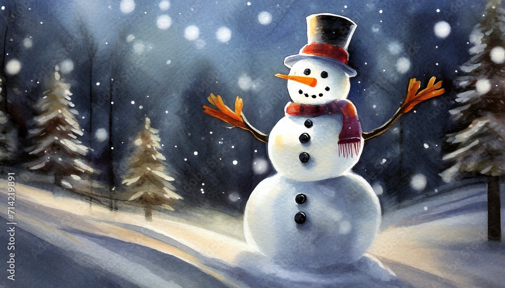 Obraz premium Christmas night scene with snowman and twinkling stars 