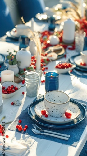 A table set for a holiday dinner with blue tableware and red berries