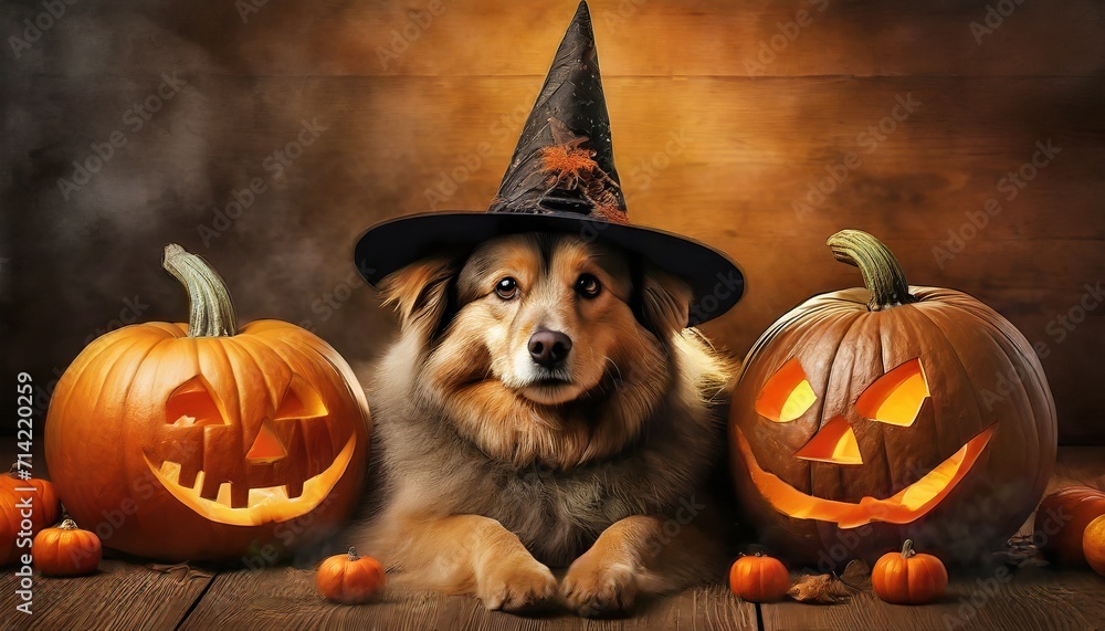 cheerful dog with halloween hat 