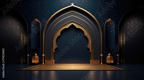 Billede på lærred Illustration of Ramadan Kareem background with mosque Islamic style arches and Arabic patterns
