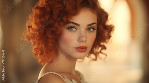 Photorealistic Teen Latino Woman with Red Curly Hair retro Illustration. Portrait of a person in vintage 1920s aesthetics. Historic movie style Ai Generated Horizontal Illustration.