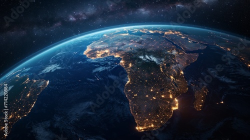 Top view of a night planet Earth with glowing city lights. Africa