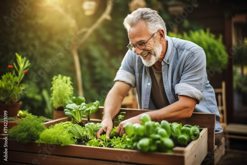 Happy Elderly man with glasses gardening and Cultivating plants in a wooden planter © colnihko
