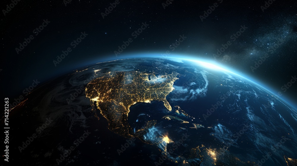 Fototapeta premium Top view of a night planet Earth with glowing city lights.