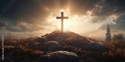 Sacred symbol of cross is crucifix on hill holy sign of faith and religion at sunrise or sunset, Christian cross on a dark background. 3D rendering, Passion week cross on the hill background sunshine