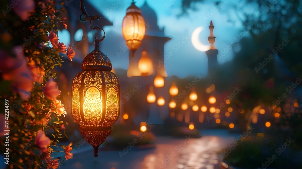 Lanterns in the background of the night sky. Muslim holiday Ramadan Kareem. Lanterns in the background of the night sky. Muslim holiday Ramadan Kareem.