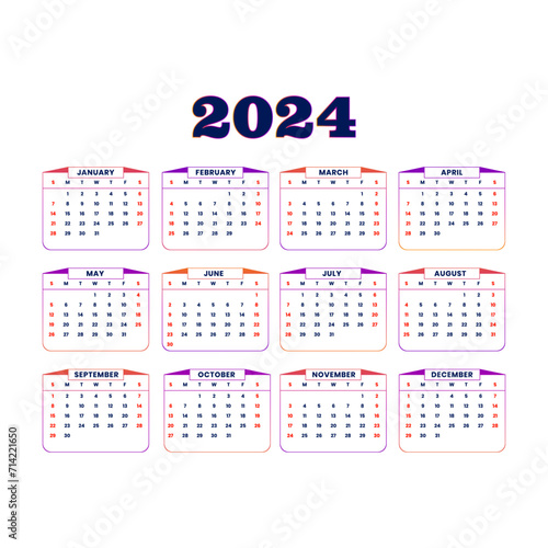 2024 English wall calendar organize events vector design