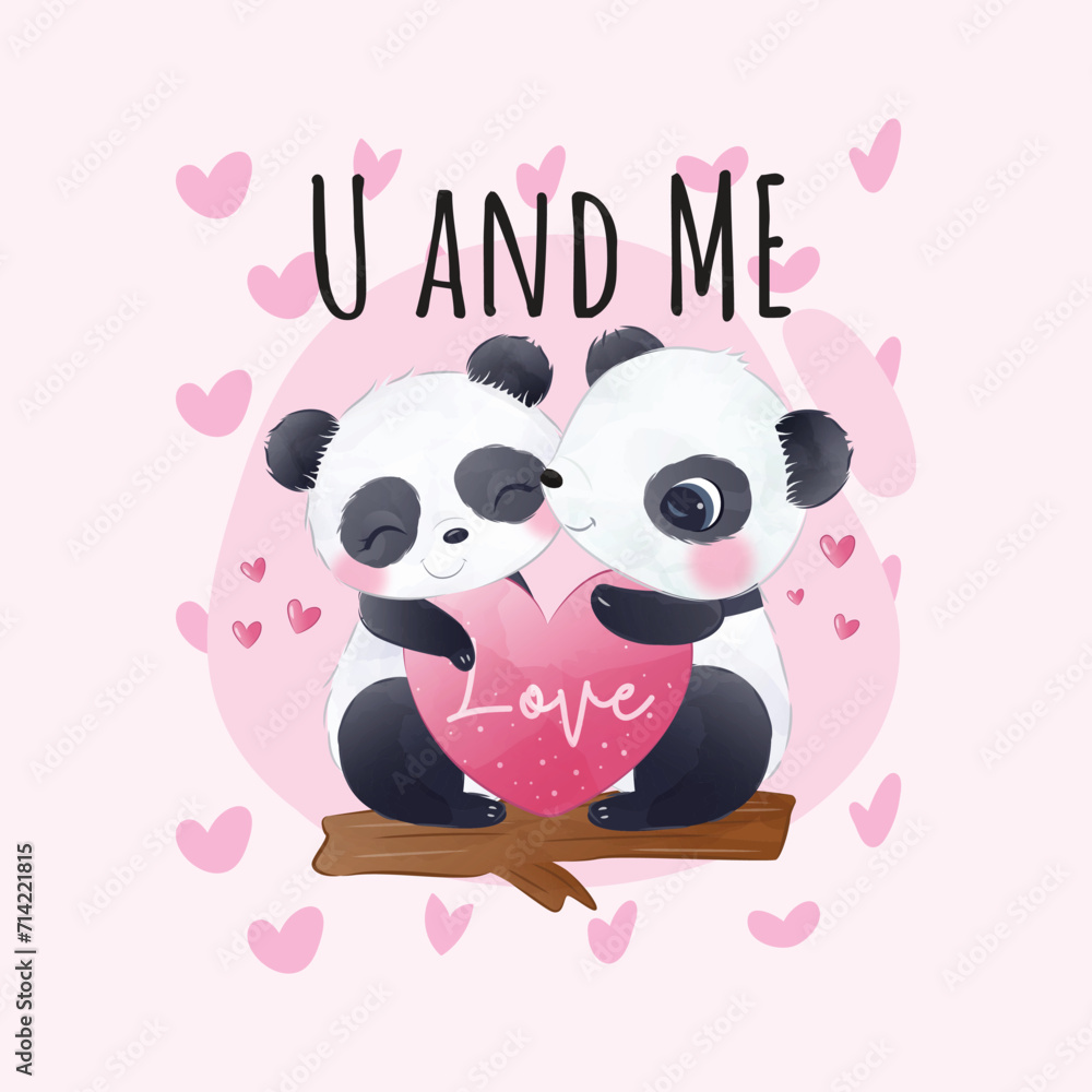 valentine couple of two cute pandas with love heart valentine day t-shirt design and card design You and Me text valentine couple of two cute pandas with love heart valentine day t-shirt design and card design You and Me text