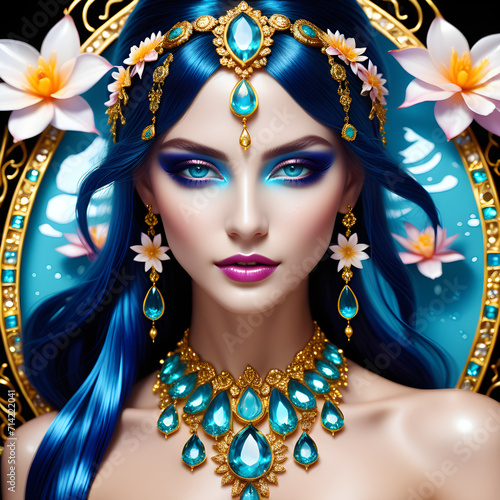 The art-of-gold woman with her striking blue eyes, soft skin, and intricate gemstones is a true embodiment of beauty and elegance. The Flowerpunk style captures her allure in a way that merges traditi