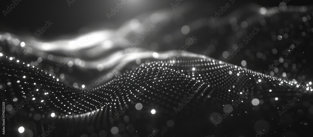 Abstract 3D rendering of a computer-generated, black and white background with a new quantum technology glow, utilizing particles and potentially dark matter. - obrazy, fototapety, plakaty 
