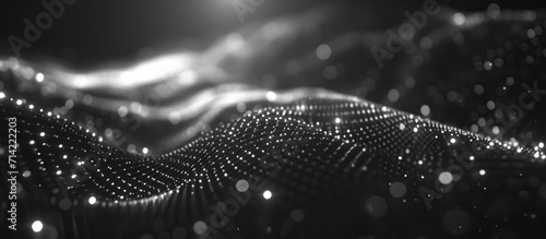 Abstract 3D rendering of a computer-generated, black and white background with a new quantum technology glow, utilizing particles and potentially dark matter.