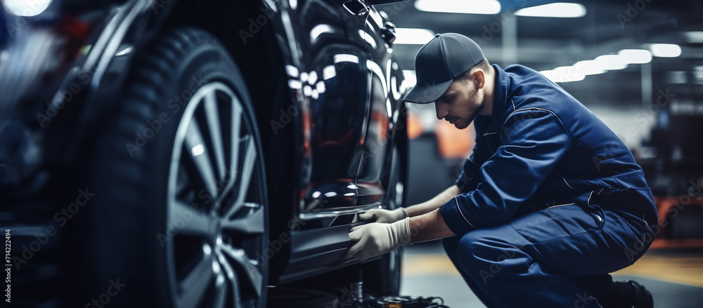 Portrait Shot of a Handsome Mechanic Working on a Vehicle in a Car Service. Professional Repairman is Wearing Gloves and Using a Ratchet Underneath the Car. Modern Clean Workshop Portrait Shot of a Handsome Mechanic Working on a Vehicle in a Car Service. Professional Repairman is Wearing Gloves and Using a Ratchet Underneath the Car. Modern Clean Workshop