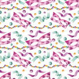 Seamless watercolor pattern. Hand drawn purple and green ribbons, beads, mask, confetti. Carnivals, Mardi Gras, festivals. Design for wrapping paper.