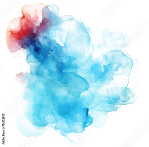 Abstract watercolor painting of swirling blue and red smoke on a crisp white background. Vibrant hues blend and bleed, creating a dynamic and eye-catching composition. Perfect for modern wall art