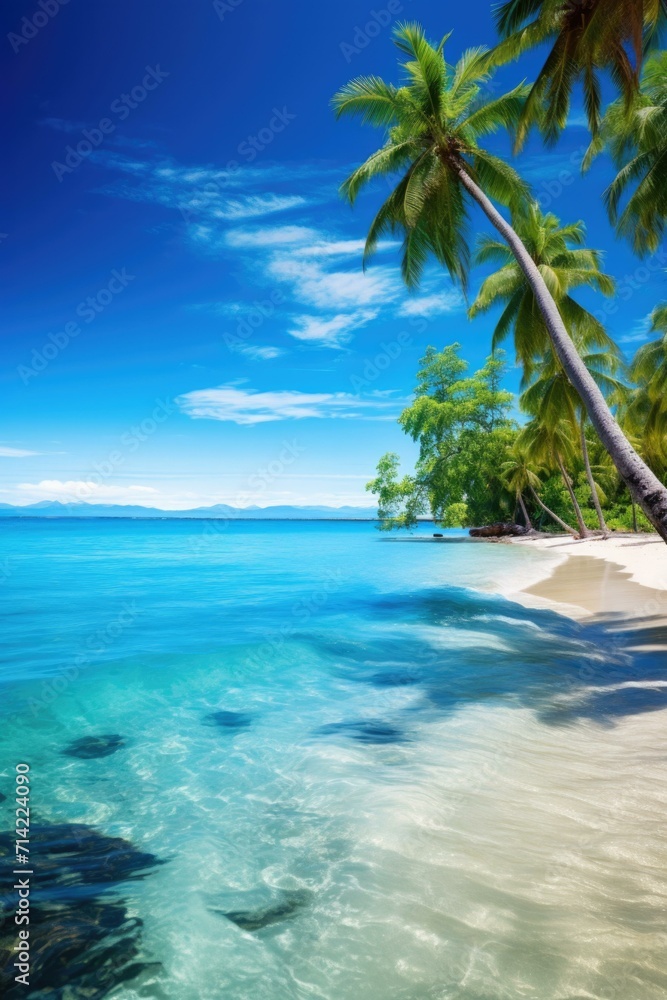 A stunning tropical beach with palm trees and crystal clear water. Generative AI.