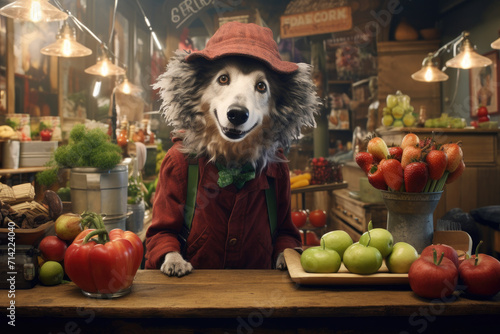 Photo of cute dog working at the grocery counter