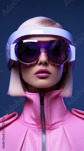 A futuristic model in a pink jacket and sunglasses, posing for  fashion photography. Generative AI. © serg3d