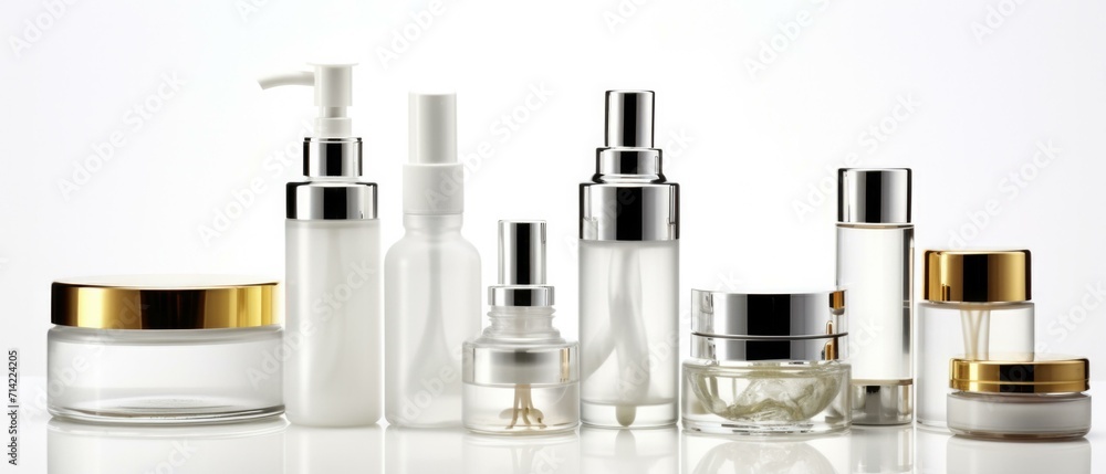 Various cosmetic products are arranged on a white surface. Generative AI. Various cosmetic products are arranged on a white surface. Generative AI.