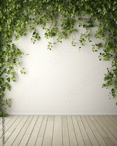 A minimalist room with green plants and a white wall, featuring a wooden floor and modern decor. Generative AI. © serg3d