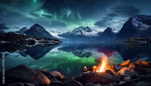 View of night sky with multicolored aurora borealis and snowy mountains peak background. Night glows in vibrant aurora reflection on the lake with forest. 