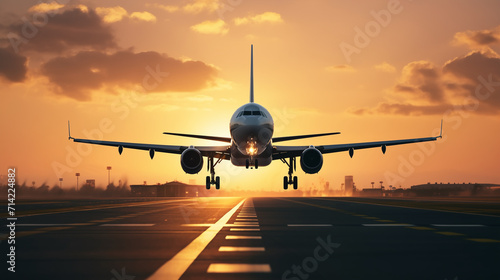  Passenger airplane landing at sunset on a runway photo