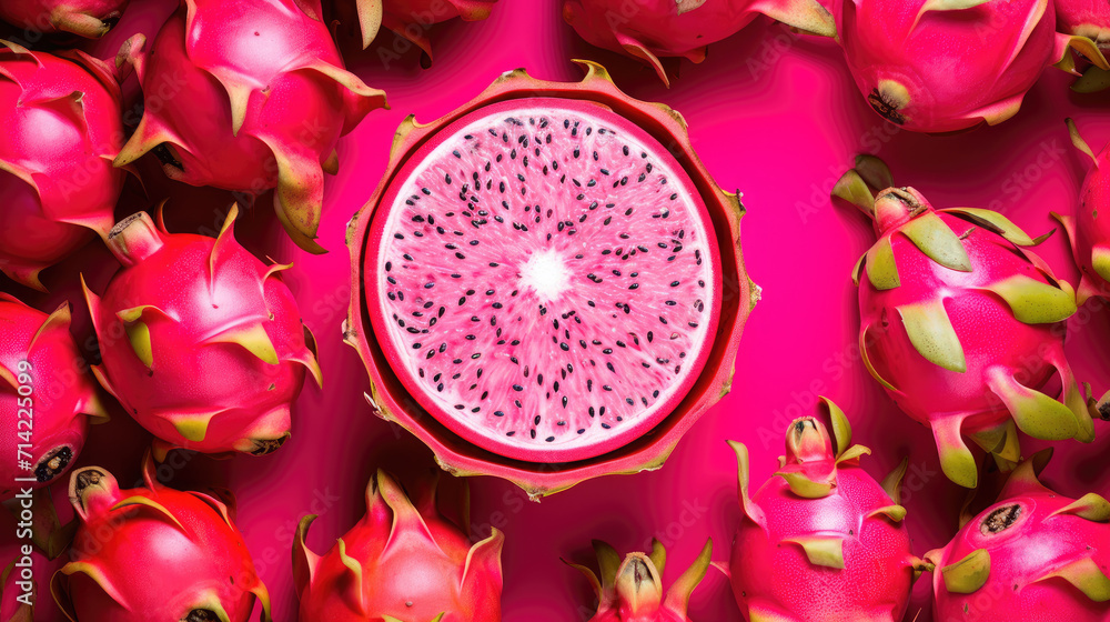 Photo of dragon fruit pitaya on colorful backdrop Photo of dragon fruit pitaya on colorful backdrop