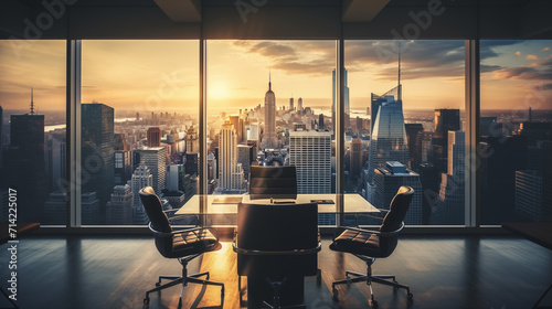 Office with city view at dawn, illustration (generated using artificial intelligence).