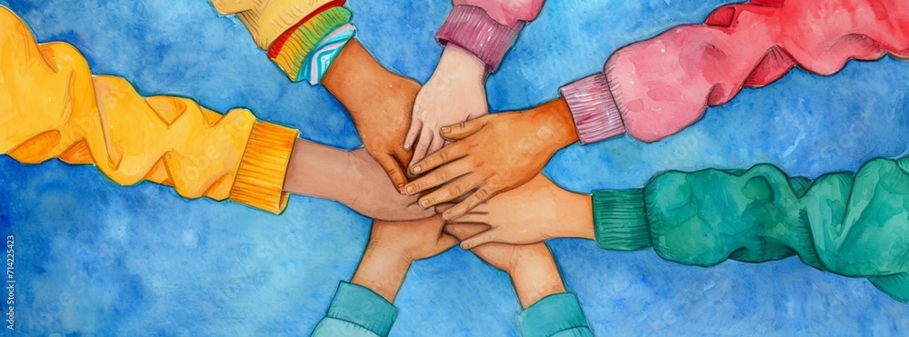 Kids, teens of different skin colors stretching out their hands to show their determination, resolution and commitment to a community, giving their word and promising to honour it, colorful banner - obrazy, fototapety, plakaty 