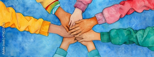 Kids, teens of different skin colors stretching out their hands to show their determination, resolution and commitment to a community, giving their word and promising to honour it, colorful banner