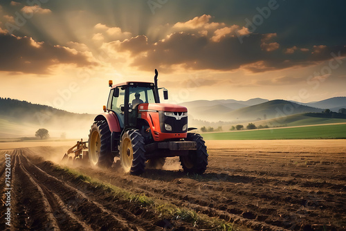 A tractor plowing a field at sunset. photo