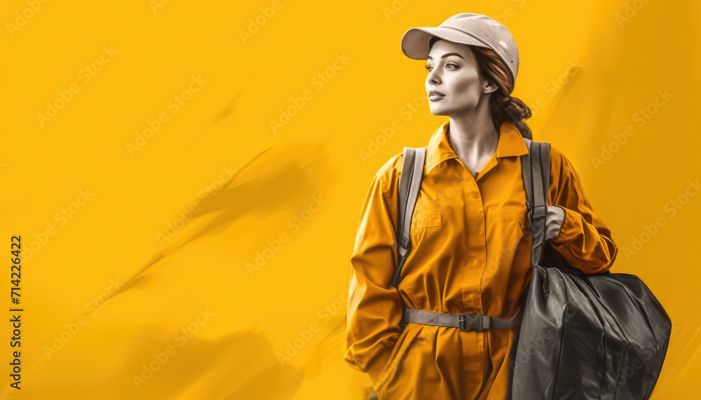 Obraz premium Photo of female worker in overalls on orange background with blank text space