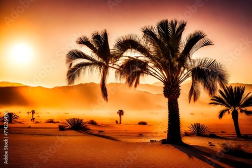 As the sun sets over the desert  a lone palm tree becomes a silhouette against the warm hues of the twilight sky