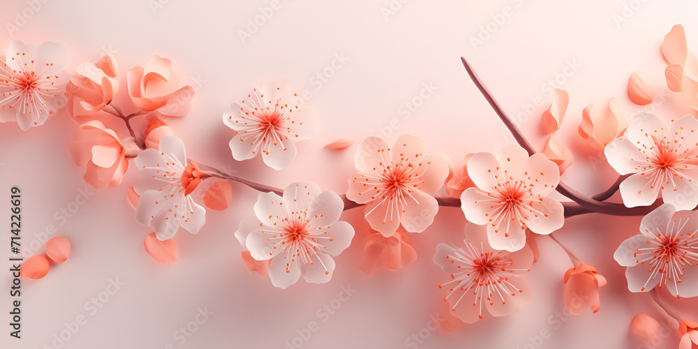 Pink flowers on a pink background, There are many pink flowers on a branch on a white surface generative ai

