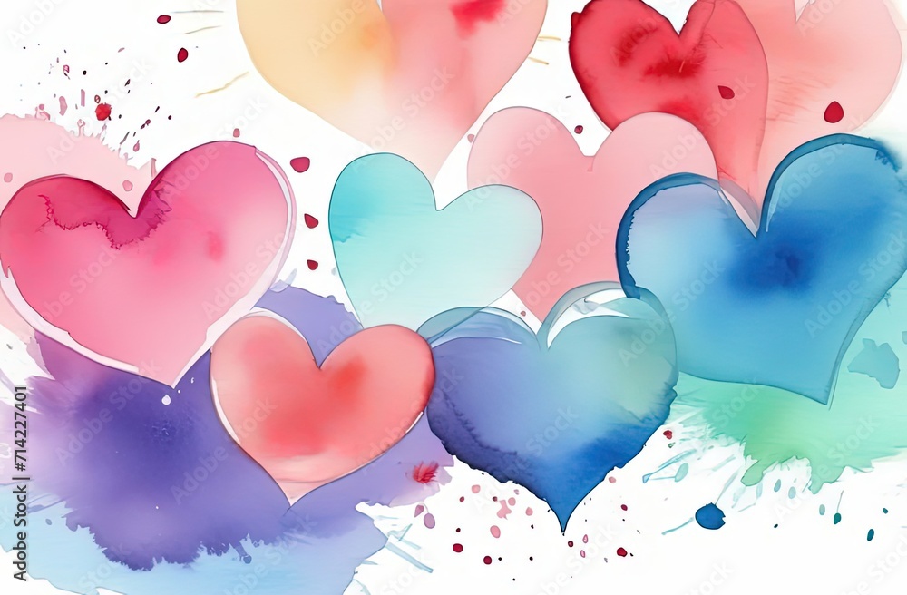 Valentines day watercolor abstract different hearts pastel background banner. Perfect for Valentines Day card, romantic themed design, voucher, greeting card, wrapping paper. Concept love. Copy space.