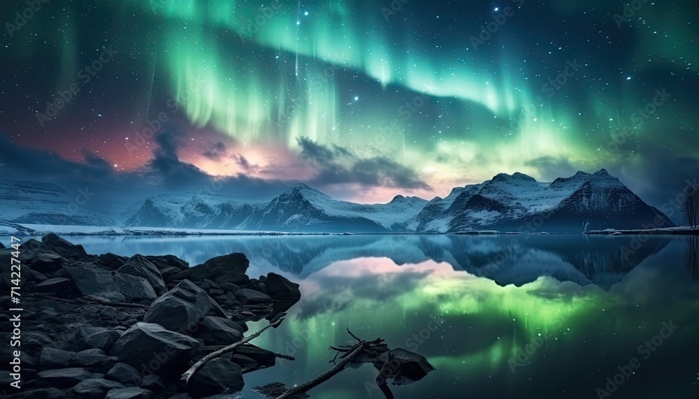 View of night sky with multicolored aurora borealis and snowy mountains peak background. Night glows in vibrant aurora reflection on the lake with forest. 