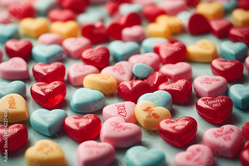 Valentine week, Love Background of an image of colorful heart-shaped candies with various sweet and affectionate phrases written on them. 