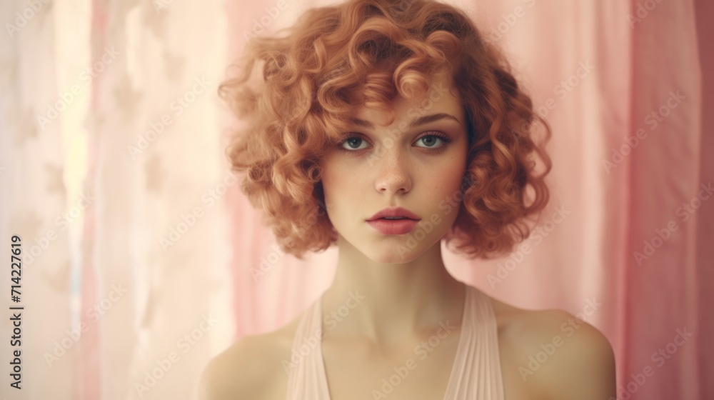 Photorealistic Teen White Woman with Pink Curly Hair retro Illustration. Portrait of a person in vintage 1920s aesthetics. Historic movie style Ai Generated Horizontal Illustration.