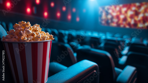 A bucket of popcorn stands on the armrest of a chair in the cinema hall. Empty rows of chairs without spectators